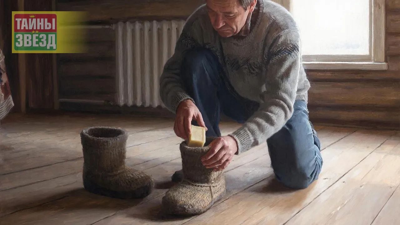 Мужчина кладет кусок мыла в обувь