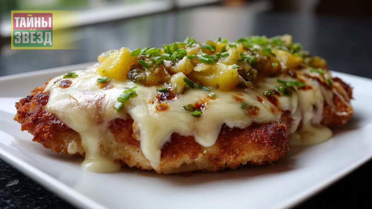 Курица с ананасами и сыром