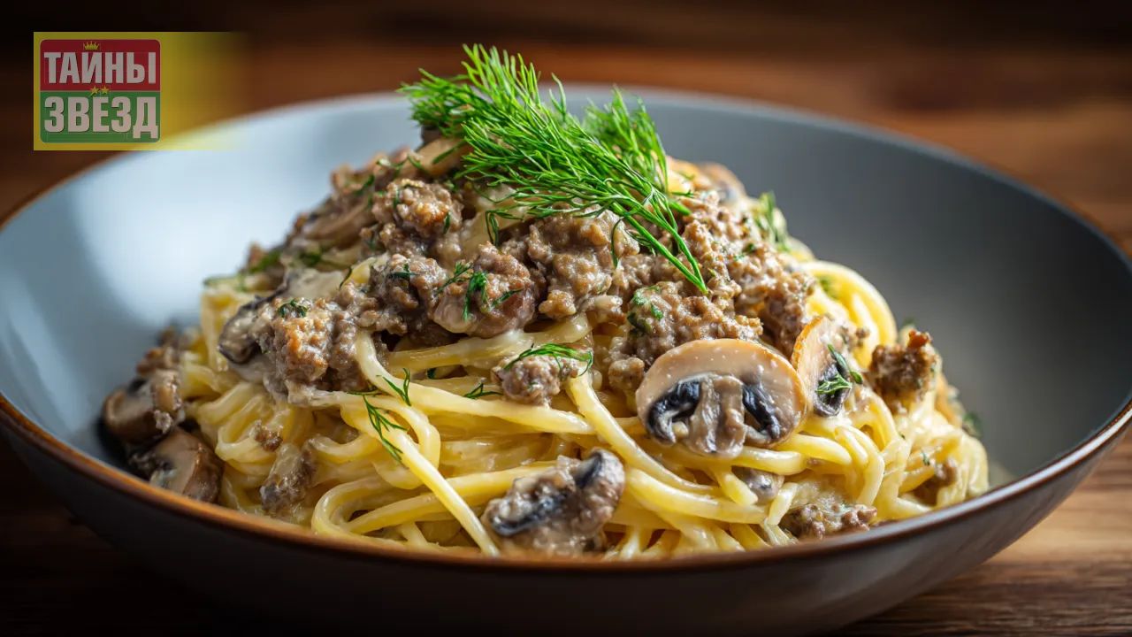 Паста с грибами и фаршем