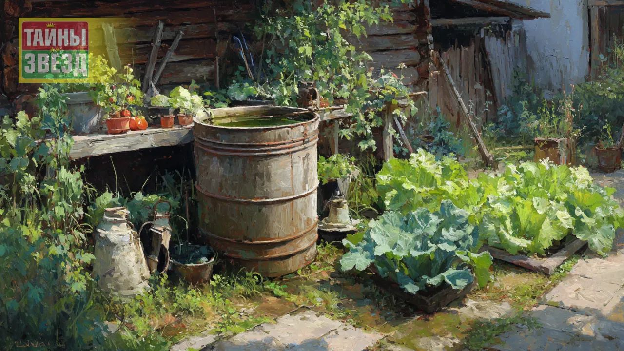 Бочка с водой в огороде