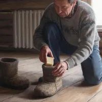 Мужчина кладет кусок мыла в обувь