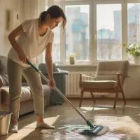 Девушка моет полы