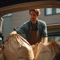 Мужчина грузит продукты в машину