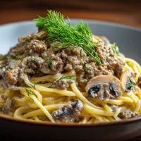 Паста с грибами и фаршем