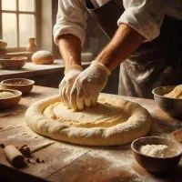 Пекарь замешивает тесто