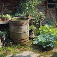 Бочка с водой в огороде